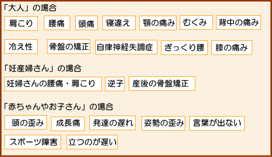 症状一覧、肩こり、頭痛、寝違い、ぎっくり腰、腰痛、アゴの痛み、自律神経失調症、膝の痛み、冷え性、逆子、子供の頭の歪み、成長痛、言葉が出ない、スポーツ障害